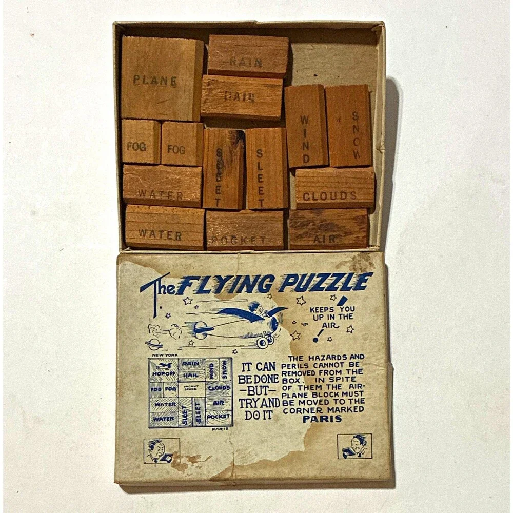 Antique c1928 The Flying Puzzle Lindbergh NY Paris Wood Sliding Block Complete